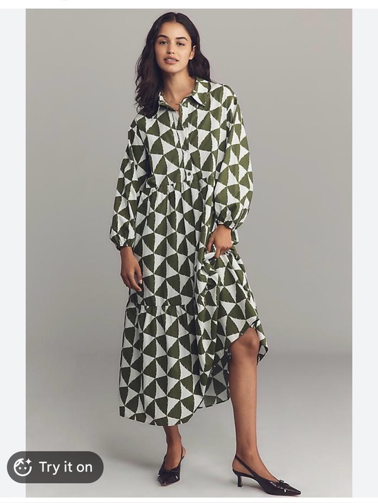 Anthropologie Dresses & Skirts - Anthropologie Maeve Bettina Tiered Shirt Dress Size Large Petite Geometric Green